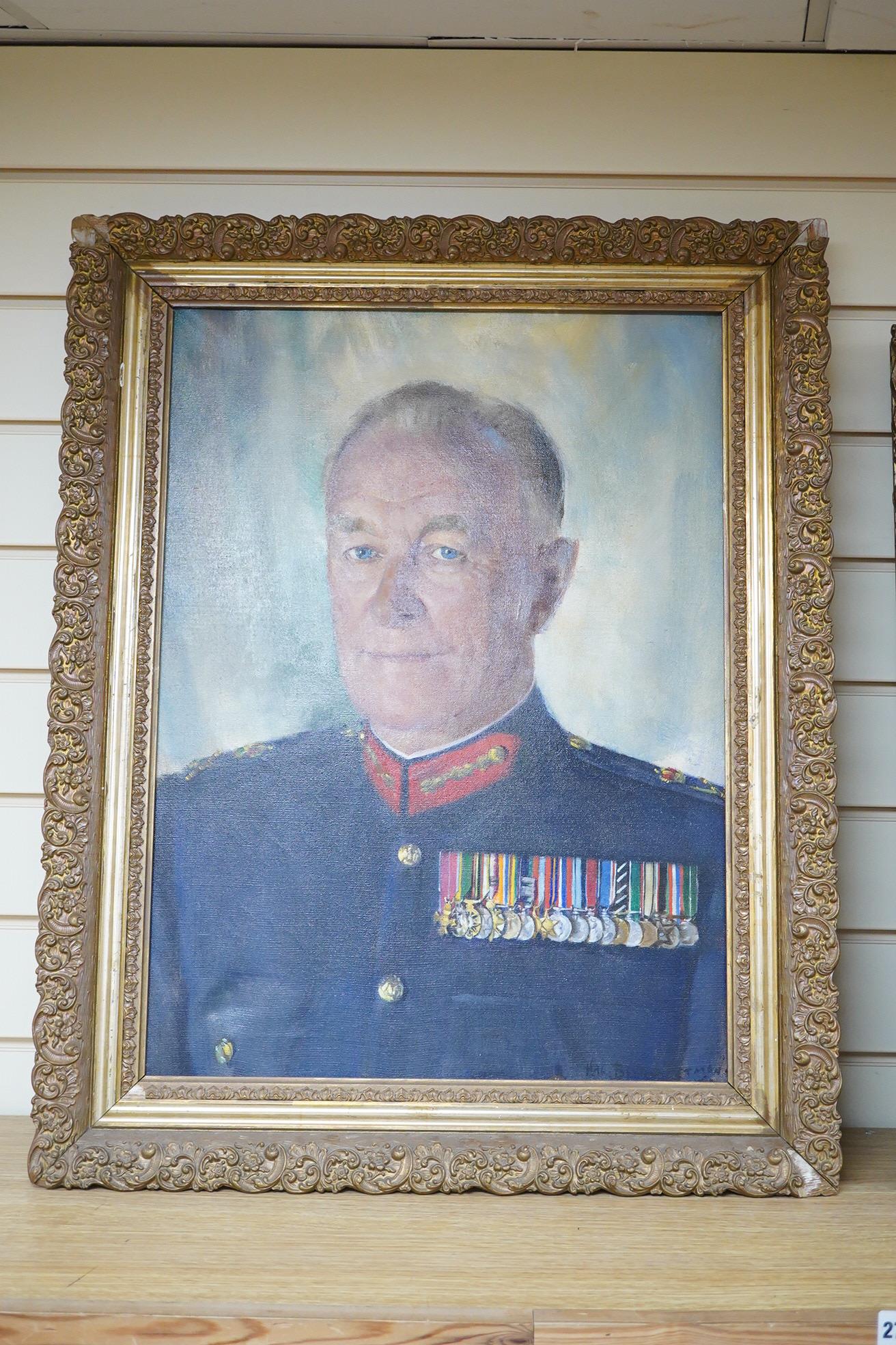 Hal Bevan-Petman (Scottish, 1894-1980), Portrait of a military officer and a companion portrait of a lady, two oil on canvases, both signed, largest 59 x 43cm